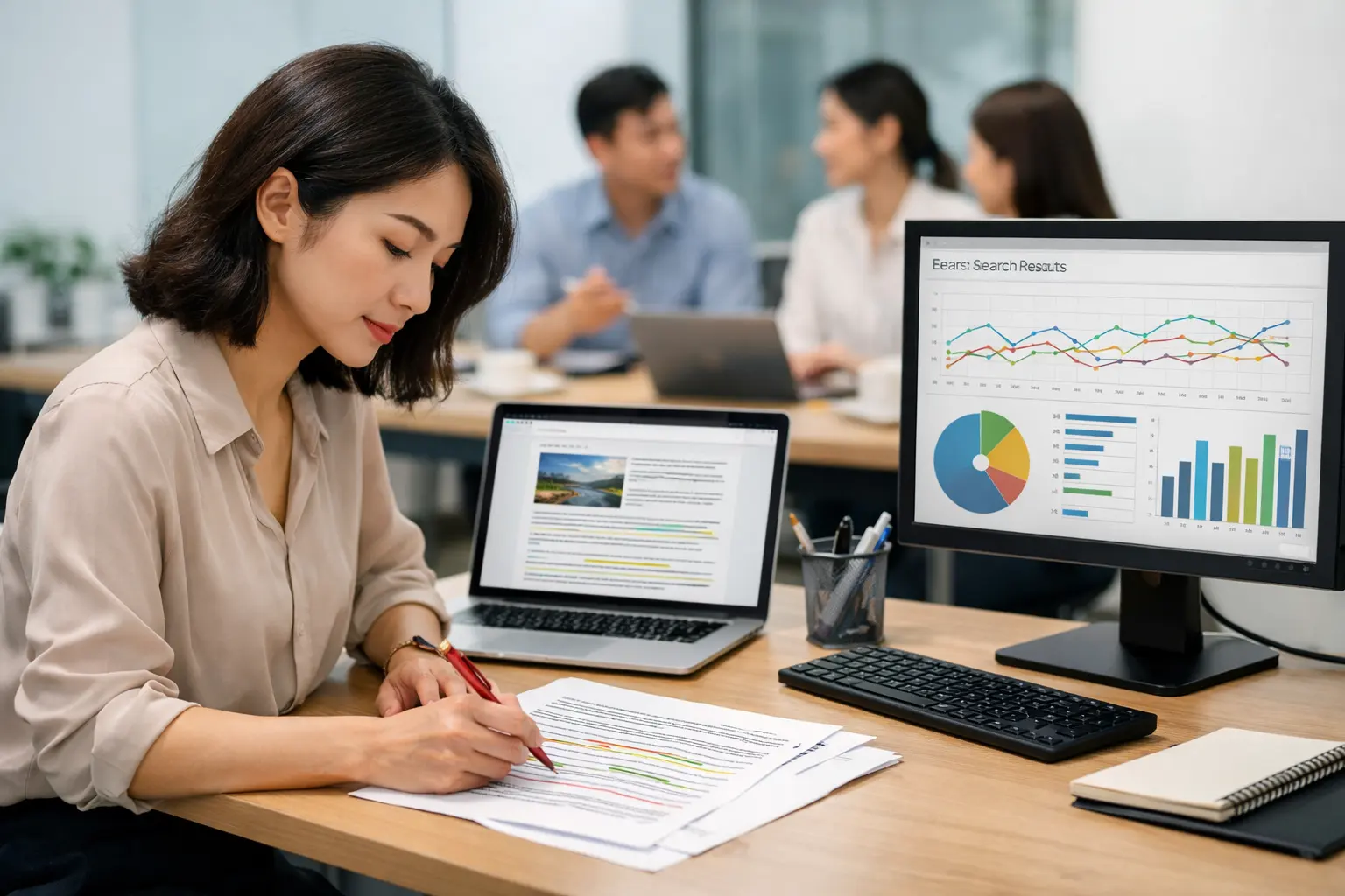 內容編輯坐在電腦前審核 AI 生成文章,螢幕顯示搜尋分析圖表,會議室中同事正專注討論