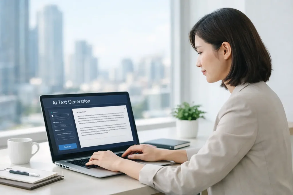 文章主視覺：行銷人員坐在明亮辦公室，以筆電操作 AI 文字生成介面，桌上擺放筆記與咖啡，窗外城市景觀柔焦映入自然光?