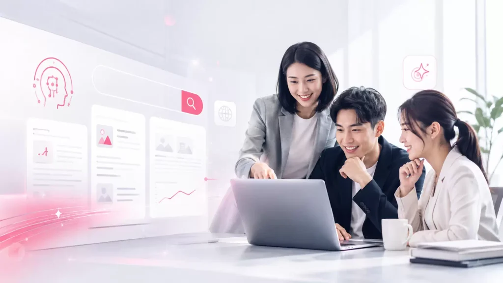 RankAI Pro 企業應用情境圖,說明網站內容不足、舊文章整理、SEO、AI 搜尋優化與社群素材延伸